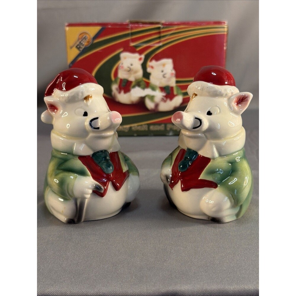 Vintage Anthropomorphic Pig Salt & Pepper Shaker Retro Set Christmas W Box 3.5"